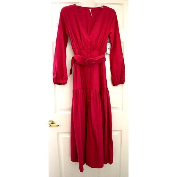 Free People OB1101164 Women's Sz XS Myrtle Magenta Kendra Belted Dress - Picture 1 of 12